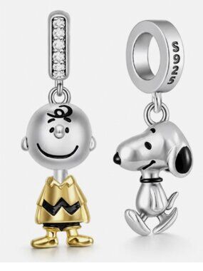 (Set x2) S925 Silver Snoopy Style Happy Dog Walk Pendant Charm Necklace Bracelet
